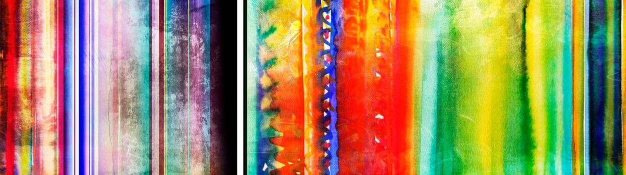 Colorful hand drawn watercolor stripes and added straight lines and shapes. Multicolor banner background in different tones and textures.