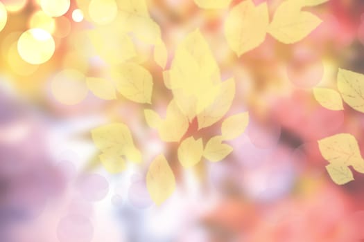 Abstract autumn gradient yellow pink bright background texture with leaves and bokeh circles. Indian summer. Card design.
