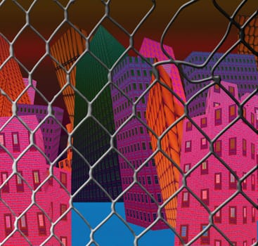 Surreal city, colorful houses behind metal grid fence
