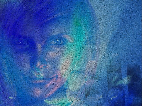 Romantic sensual composition with girl face and roses. Image composed entirely of words