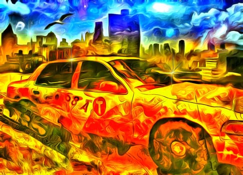 Surreal painting. New York Yellow Cab Taxi.