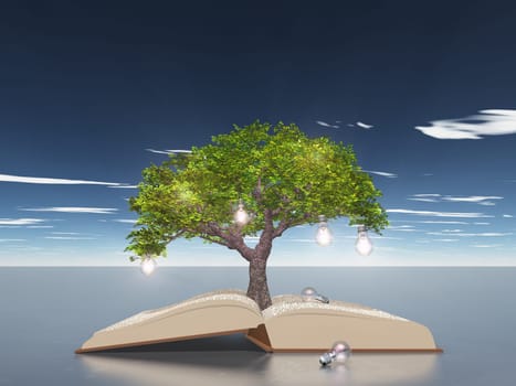 Symbolic composition. Open book with light bulb tree