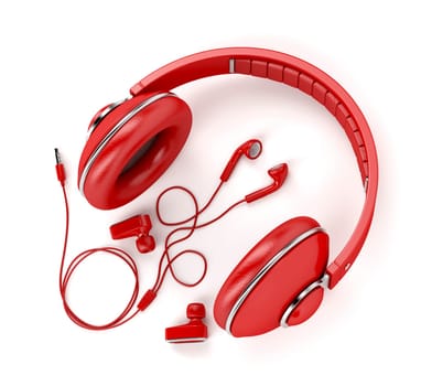 Different types of earphones on white background