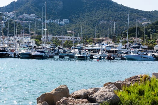 PORT ANDRATX, SPAIN - JUNE 01, 2016:.View of the Bay of Port Andratx Mallorca Baleares Spain. In the background motor boats and sailboats.