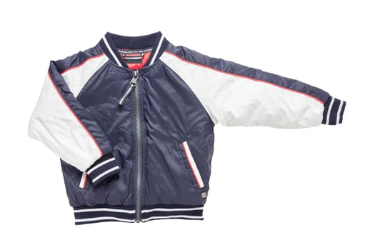 Children’s autumn or winter jacket. Stylish childrens blue and white warm down jacket isolated on a white background.
