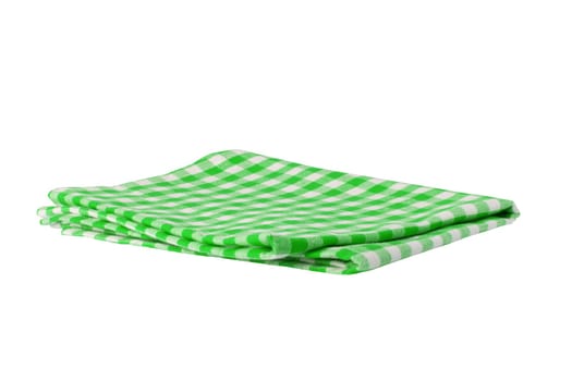 Green and white checkered napkin isolated on white background. Kitchen accessories.