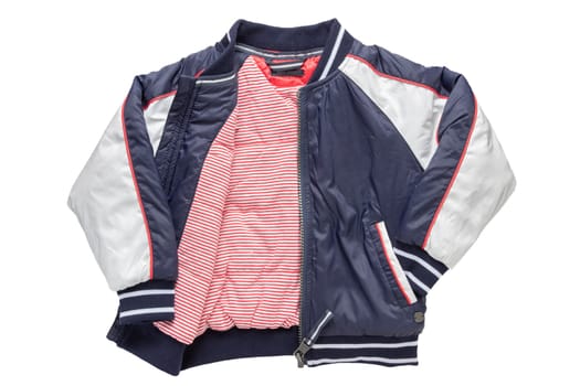 Children’s autumn or winter jacket. Stylish childrens blue and white warm down jacket isolated on a white background.