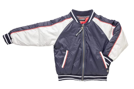 Children’s autumn or winter jacket. Stylish childrens blue and white warm down jacket isolated on a white background.