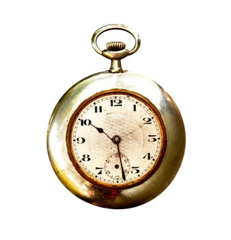 Old and used pocket clock om white background
