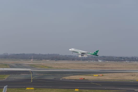 DUSSELDORF, NRW, GERMANY - MARCH 18, 2015:  Airbus A321 of Irak Airlines at startup on the Dusseldorf airport.