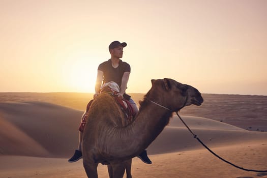 Camel riding in desert at amazing sunset. Young man enjoying journey on sand dunes. Wahiba Sands in Sultanate of Oman