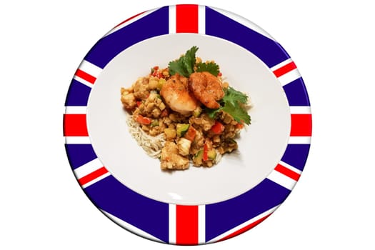 Prawns with rice noodles and vegetables
