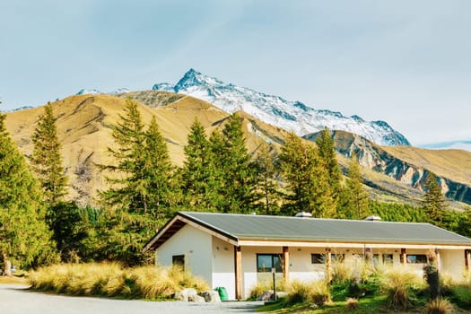 Alpine hut on Hooker Valley Track in Mount Cook National Park, New Zealand