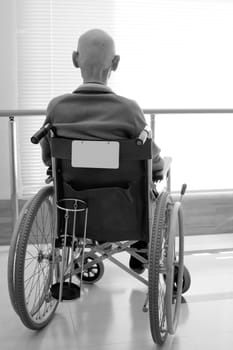 Back view of senior man in wheelchair at hospital hallway