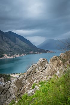 View of the Kotor Bay and Old Town houses in Kotor city, Montenegro