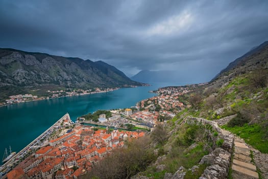 Stony trail and steps leading to the Kotor fortress above Kotor town, Montenegro