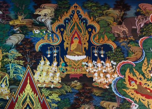 AYUTTHAYA ,THAILAND - MARCH 4, 2015 : Ancient Buddhist temple mural painting of the life of Buddha inside of Wat Phra khao in Ayutthaya, Thailand