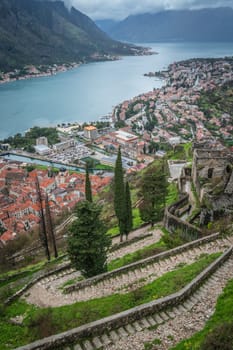 Stony trail and steps leading to the Kotor fortress above Kotor town, Montenegro