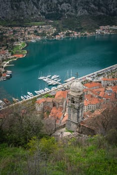 View of the Kotor Bay and Old Town houses in Kotor city, Montenegro