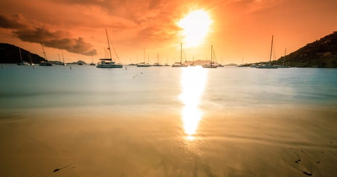Beautiful long exposure sunset scene in a harbor in BVI