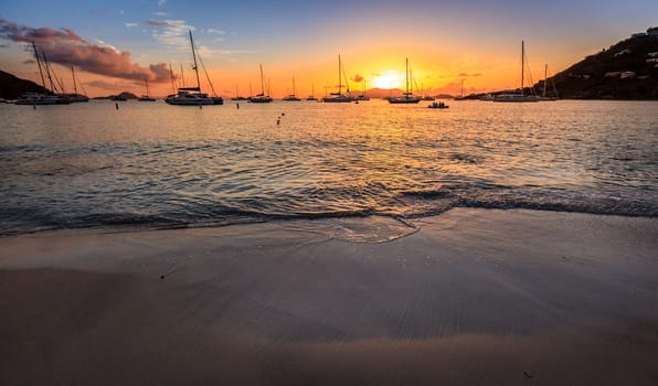 Beautiful sunset scene in a harbor in BVI