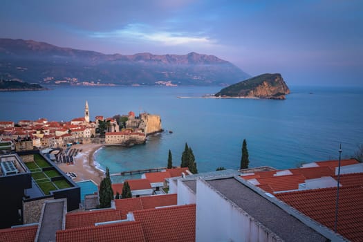Evening panorama of the popular summer resort town Budva on the Adriatic coast in Montenegro