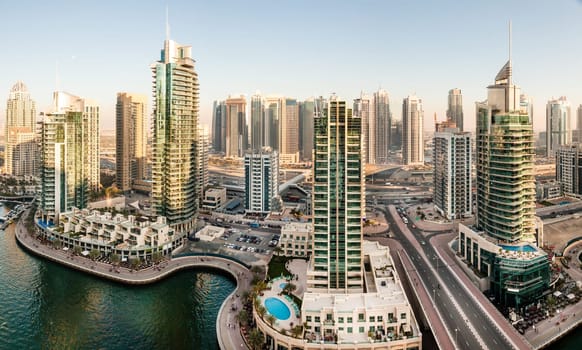 Panoramic view of Dubai Marina in UAE in the evening