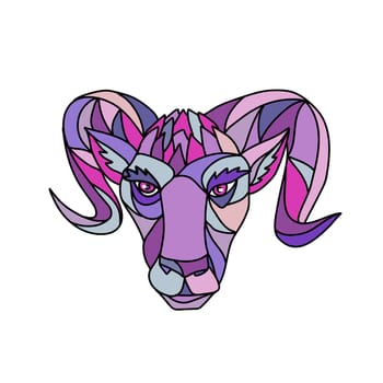 Mosaic low polygon style illustration of a head of a bighorn sheep ram viewed from front on isolated white background in color.