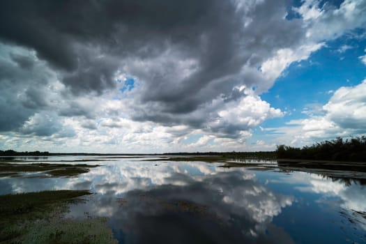 standing water reflect the sky with cumulus clouds