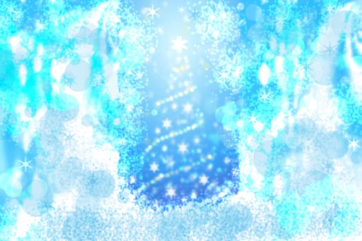 Abstract christmas tree background. Abstract blurred festive winter christmas or Happy New Year background with shiny blue and white bokeh lighted snow lights. Space. Card concept.