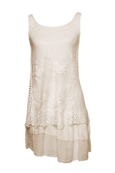 Fashionable summer clothes isolated on a white background. Beige summer dress. Colorful lacy and elegant sleeveless  summer dress isolated on white background. Nobody.