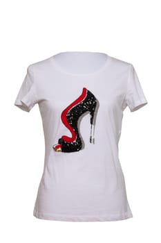Woman summer fashion. Close-up of white shirt or t-shirt with a shoe print on mannequin isolated on a white background.