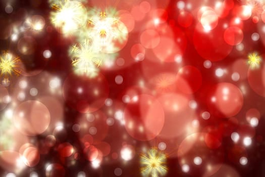 Christmas light background. A abstract festive red Christmas or Happy New Year background texture with golden sparkling stars and blurred glowing bokeh circles. Holiday glowing backdrop. Card concept.