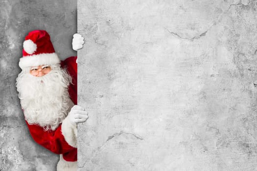 red white classic traditional santa claus looking through behind empty concrecte billboard sign wall christmas xmas gift voucher pattern