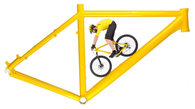 yellow mountain bike bicycle frame concept with cyclist riding downhill the lower tube  isolated on white background