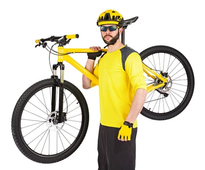 young cyclist with beard and yellow mountainbike on his shoulder isolated on white background