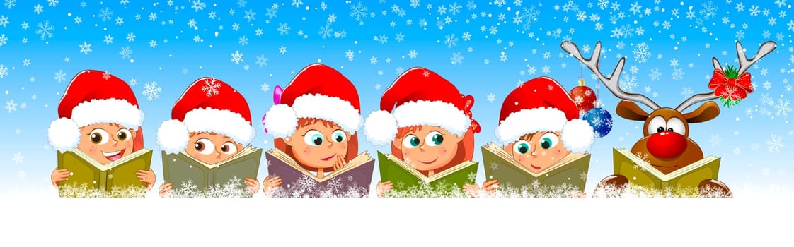 Small children read books. Children and deer with books on a blue background. Children with books on a winter background, on the background of snowflakes.                                                                       .                                                               .