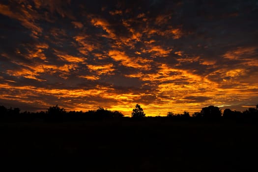 Sunrise, landscape with clouds and silhouette in the morning