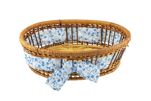 Empty basket with blue white ribbon isolated on a white background. For your food and product display montage.