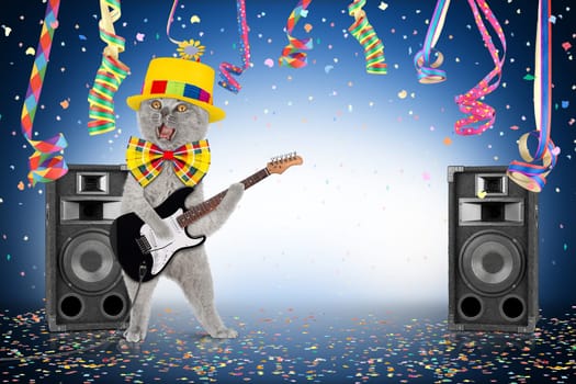 Cat with guitar in middle of confetti and streamer