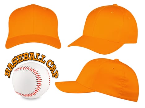 Set of orange baseball caps with baseball