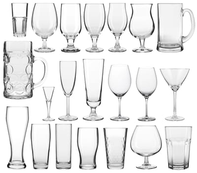 Collection of empty glassware on white background.