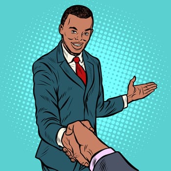 African businessman shaking hands. Pop art retro vector illustration