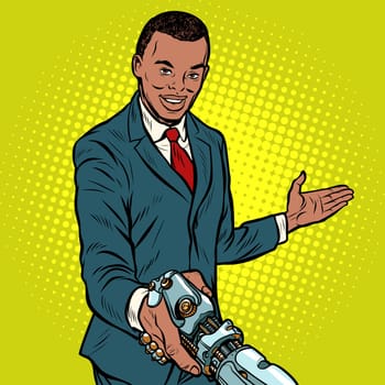 African businessman handshake to robot. Pop art retro vector illustration