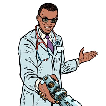 African doctor handshake robot, medicine and health care. Prosthesis bioprosthesis. Pop art retro vector illustration