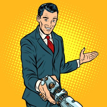businessman shaking hands with robot, new technology. Pop art retro vector illustration