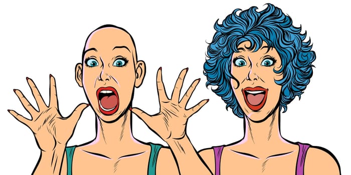 Woman bald and with hair, human health problems. Pop art retro vector illustration. Girls 80s