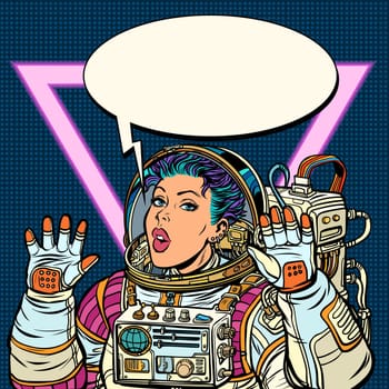 Woman astronaut. Pop art retro vector illustration. Girls 80s