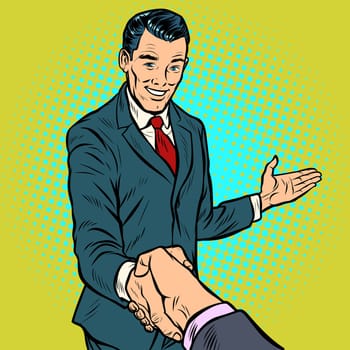 businessman handshake, partnership and cooperation. Pop art retro vector illustration