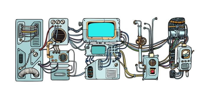 Retro science. Cyberpunk robots mechanisms and machines. Details of the spacecraft. Pop art retro vector illustration